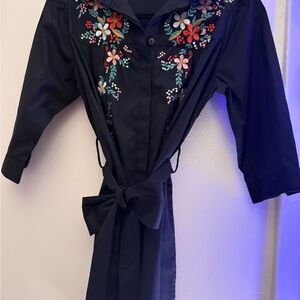 Wayward Fancies Embroidered Floral Shirt Dress Black Tie Waist